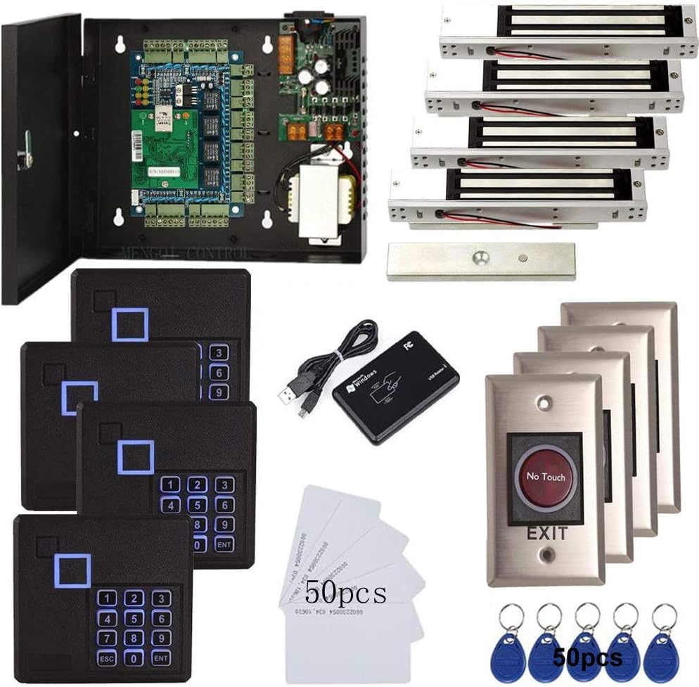 4 Doors Access Control Kit Infrared None Touch Exit Button Keypad Reader 600lbs Electric Magnetic Lock 110V Metal Power Supply Box RFID Card & Key Fob A397