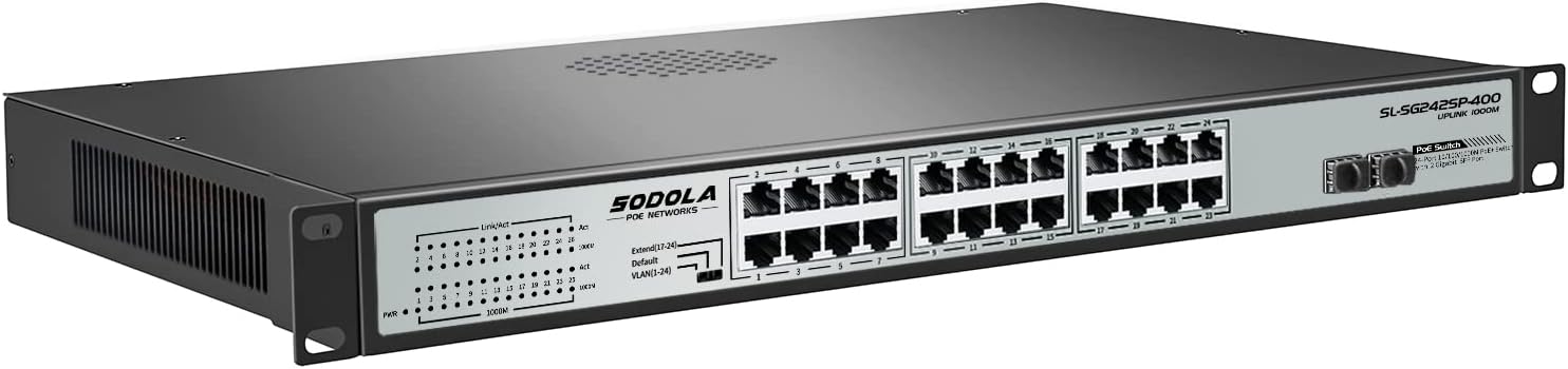 24 Port Gigabit PoE Switch with 2 Gigabit SFP Uplink, Fanless Rackmount, 400W Unmanaged Network Switch K392031