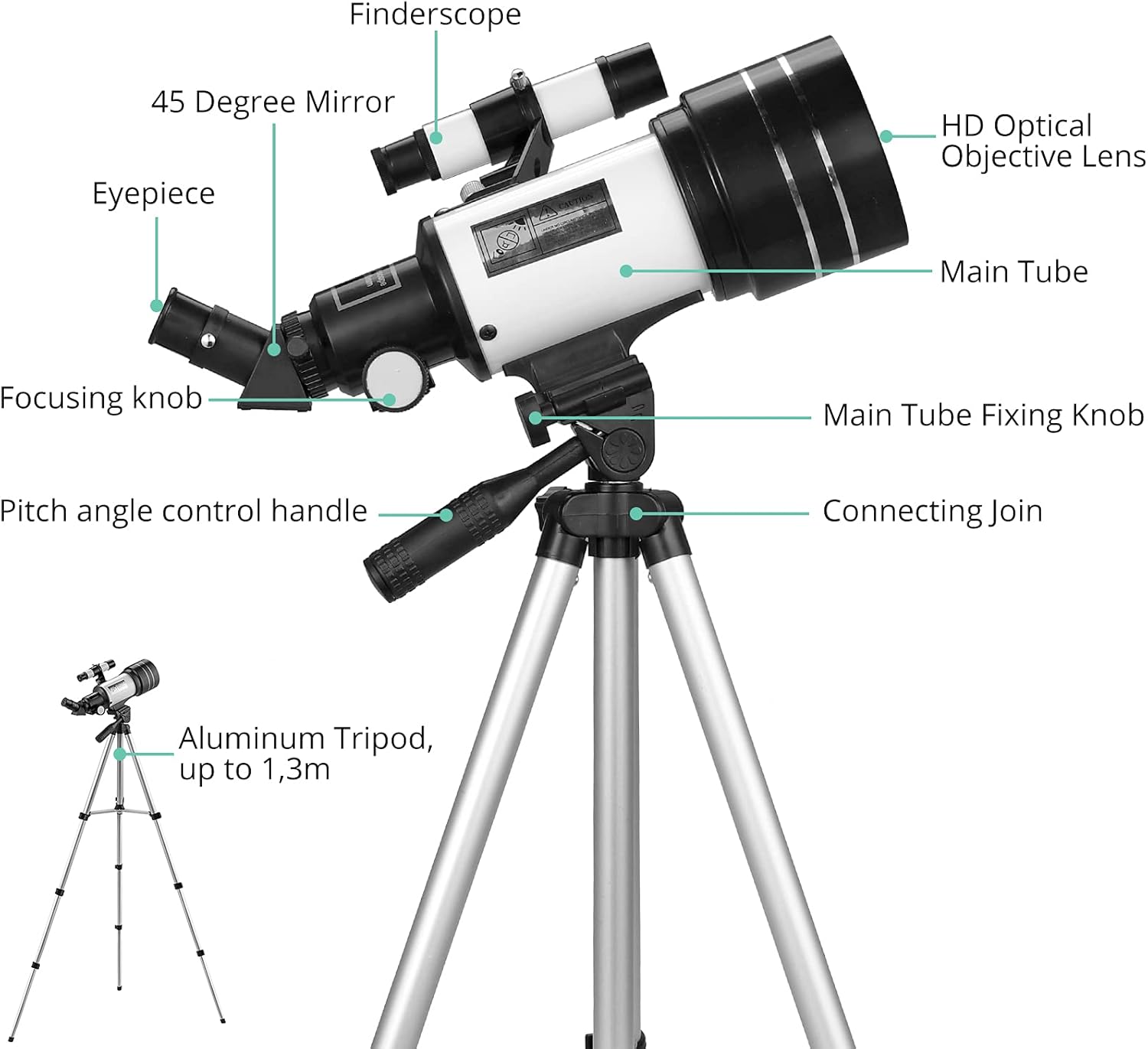 70mm Aperture 300mm Focal Length Refractor Telescope with Adjustable Tripod Stand E967