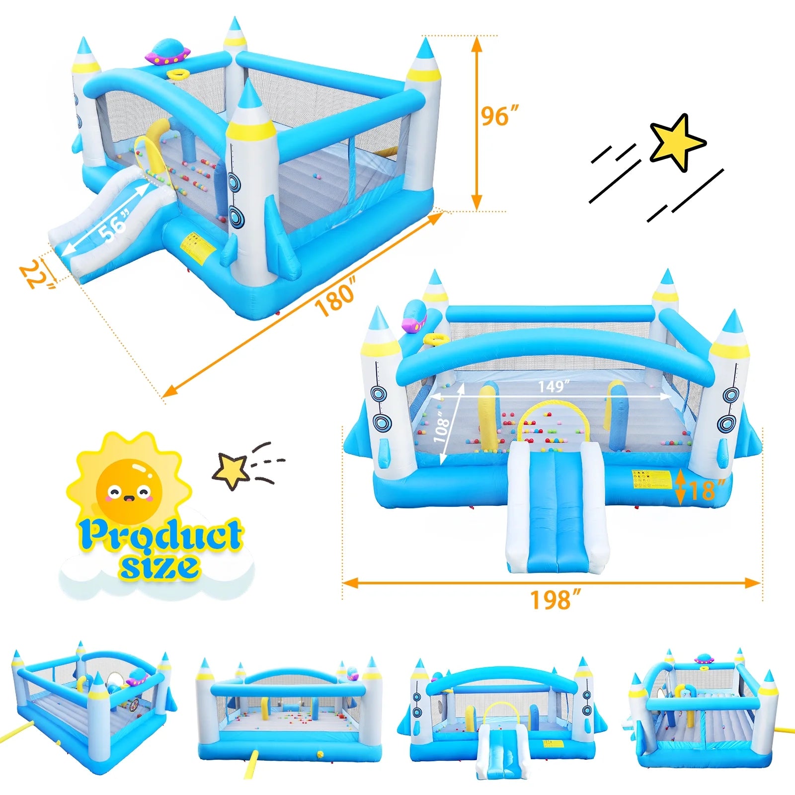 Inflatable Bouncer with Blower, 198" x 180" Play Area, 96" Tall C48435