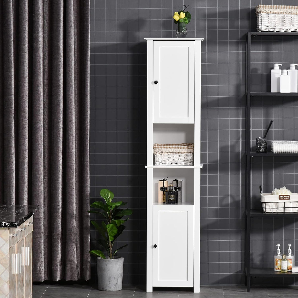 White Freestanding Bathroom Storage Cabinet with 2-Tier Shelf and 2 Cupboards X643