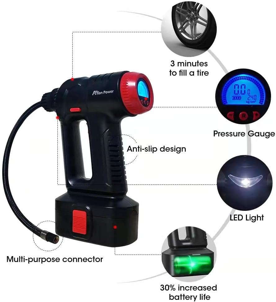 12V Cordless Car Tire Pump with Digital Pressure Gauge, LED Light, Rechargeable Battery Pack, Pack of 2 I26332
