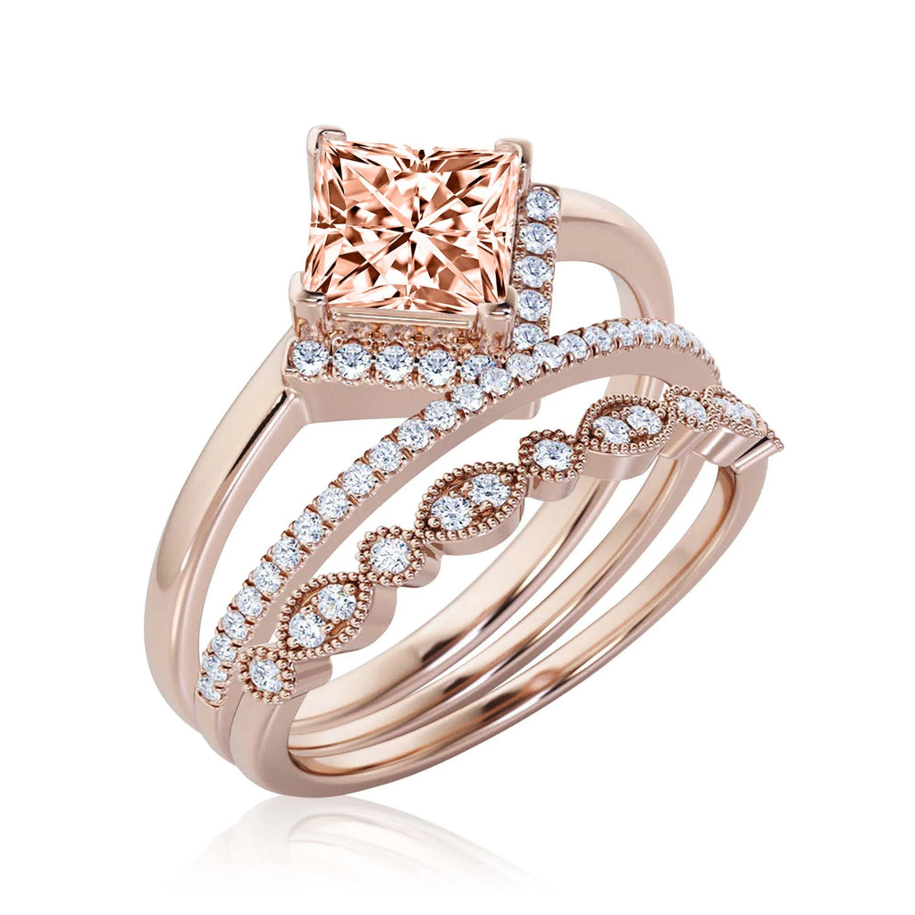 2.50 Carat Princess Cut Morganite And Diamond Moissanite Dainty Engagement Ring Trio Set Q463