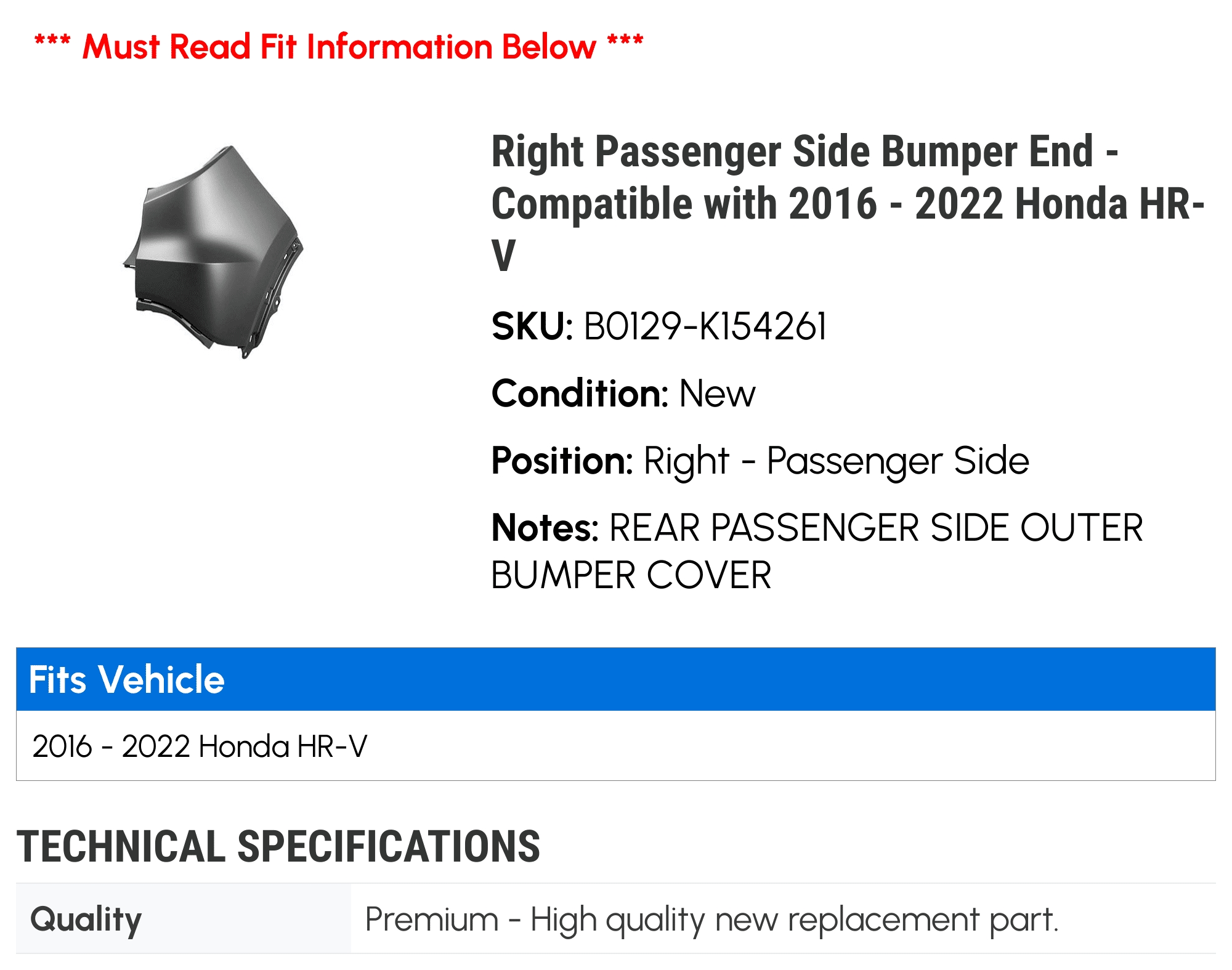 Right Passenger Side Bumper End for 2016-2022 Honda HR-V G985