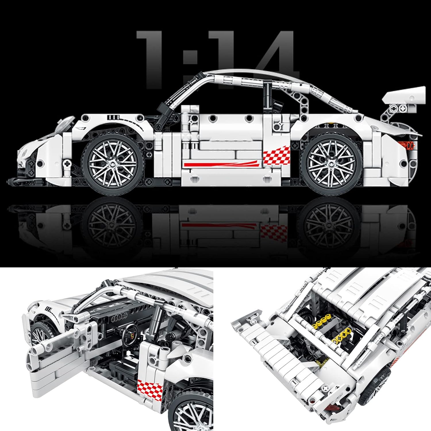 White GT3 Racing Car MOC Building Blocks Construction Toy, 1:14 Scale Sports Car Model, 1268 Pcs, Pack of 2 C262