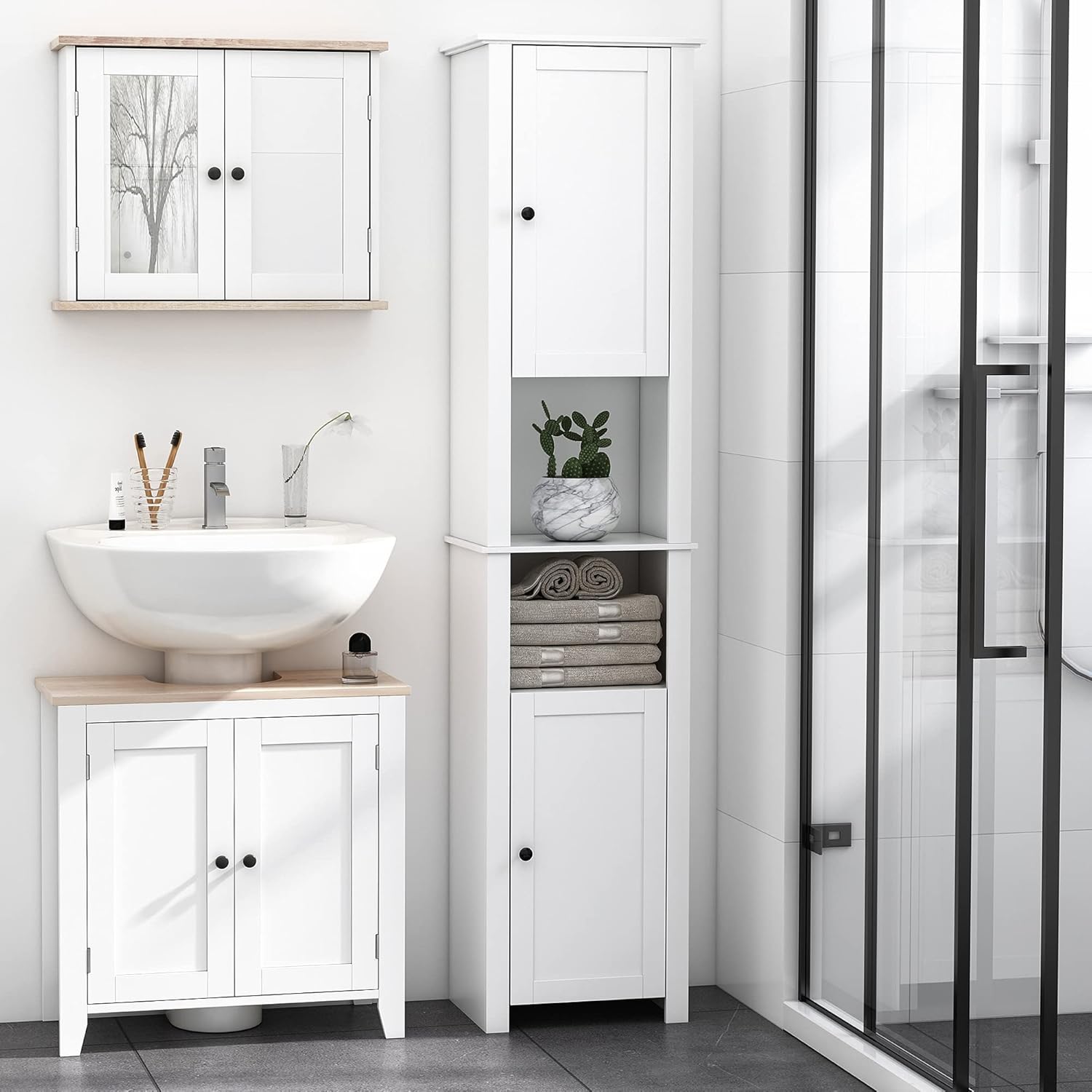 White Freestanding Bathroom Storage Cabinet with 2-Tier Shelf and 2 Cupboards X643