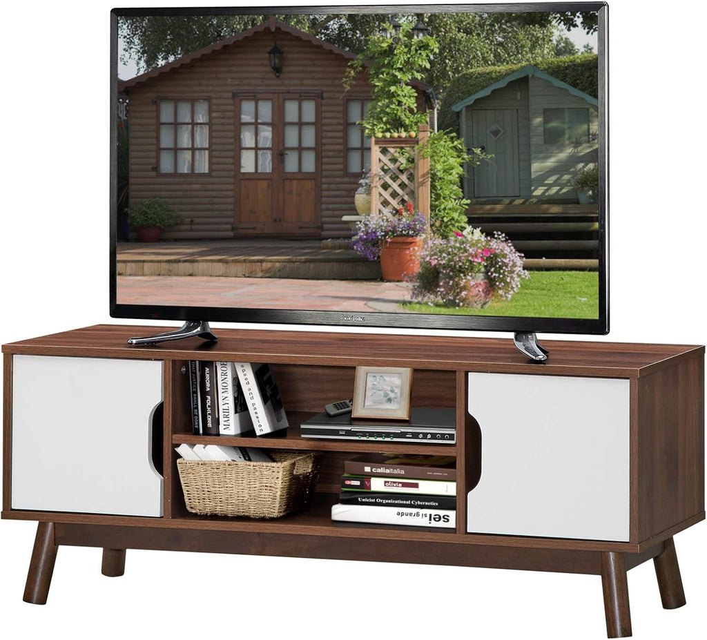 White Wooden TV Stand with 2 Cabinets & 2 Open Shelves Y3902