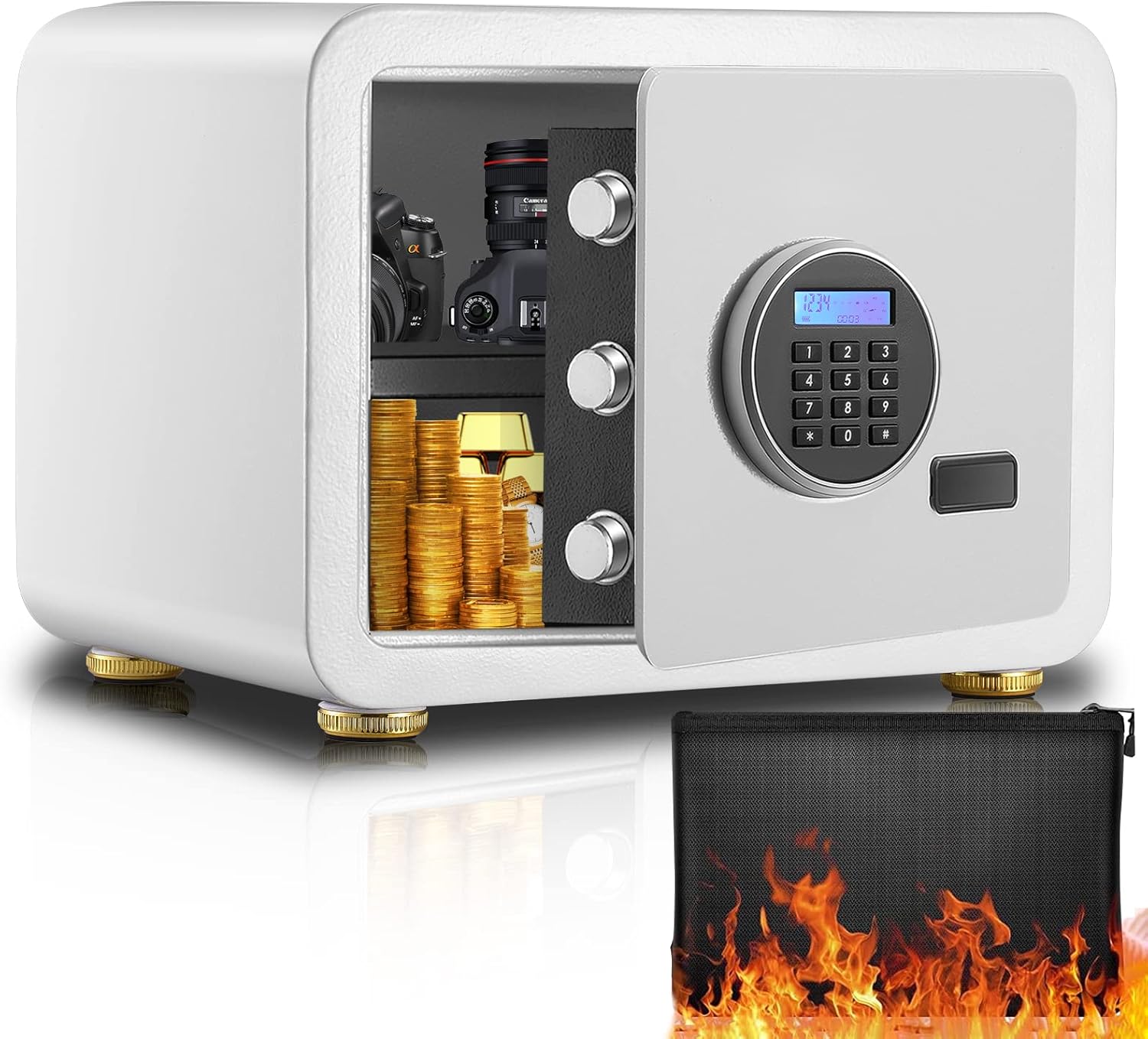 Fireproof Safe with LCD Screen and Digital Keypad, White, 1.0 Cubic Feet A890