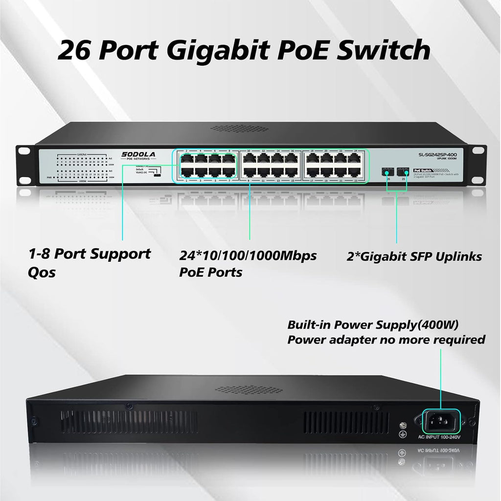 24 Port Gigabit PoE Switch with 2 Gigabit SFP Uplink, Fanless Rackmount, 400W Unmanaged Network Switch K392031