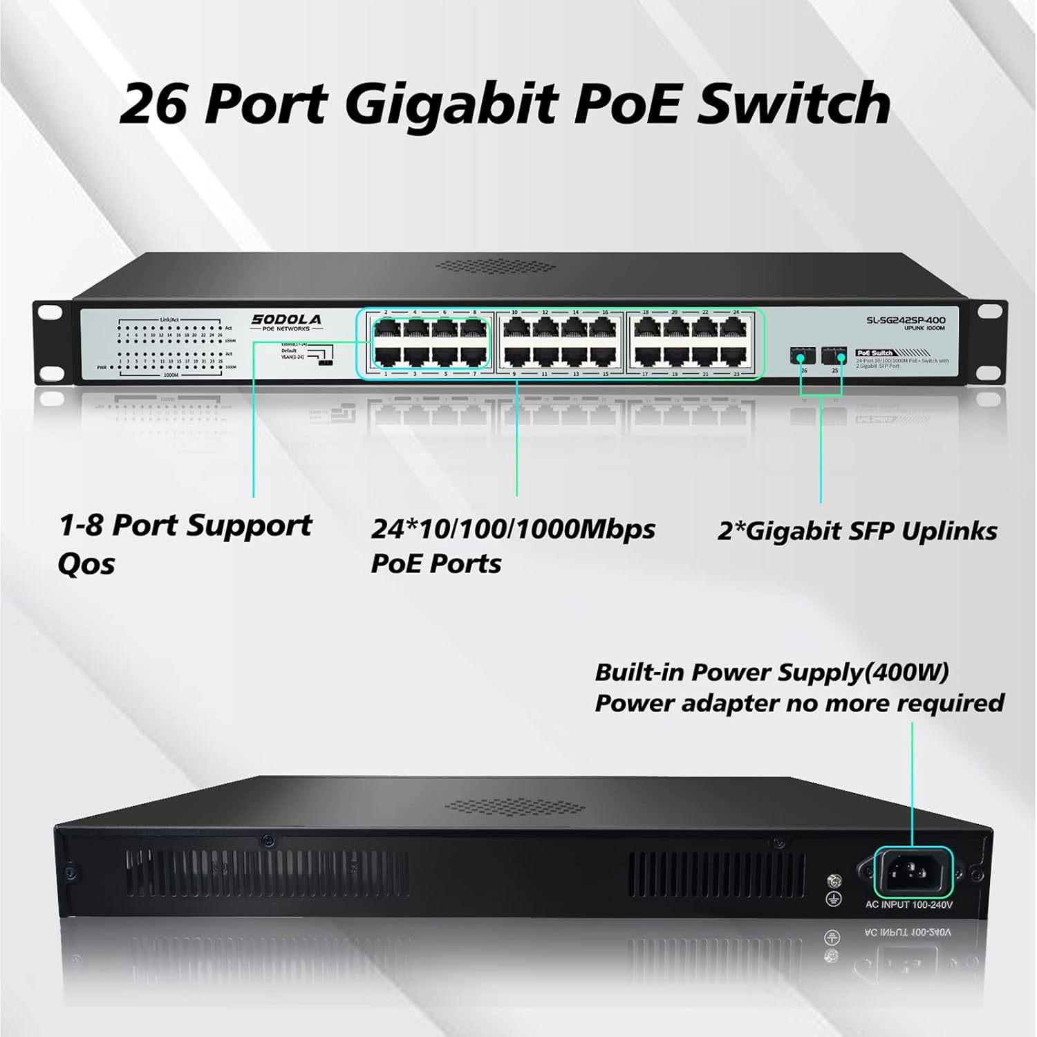 24 Port Gigabit PoE Switch with 2 Gigabit SFP Uplink, Fanless Rackmount, 400W Unmanaged Network Switch K392031