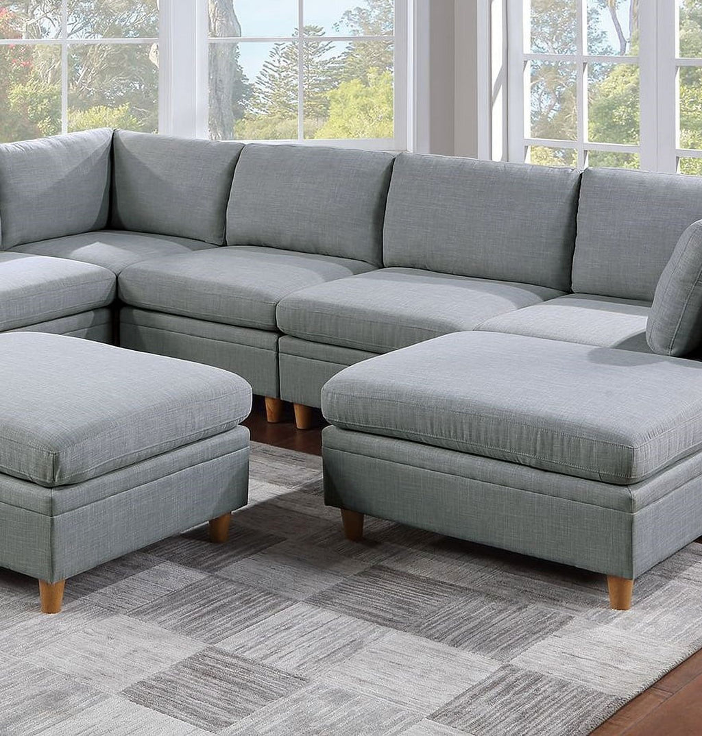 Light Grey 8pc Sectional Sofa Set with Wedges, Armless Chairs and Ottomans S106