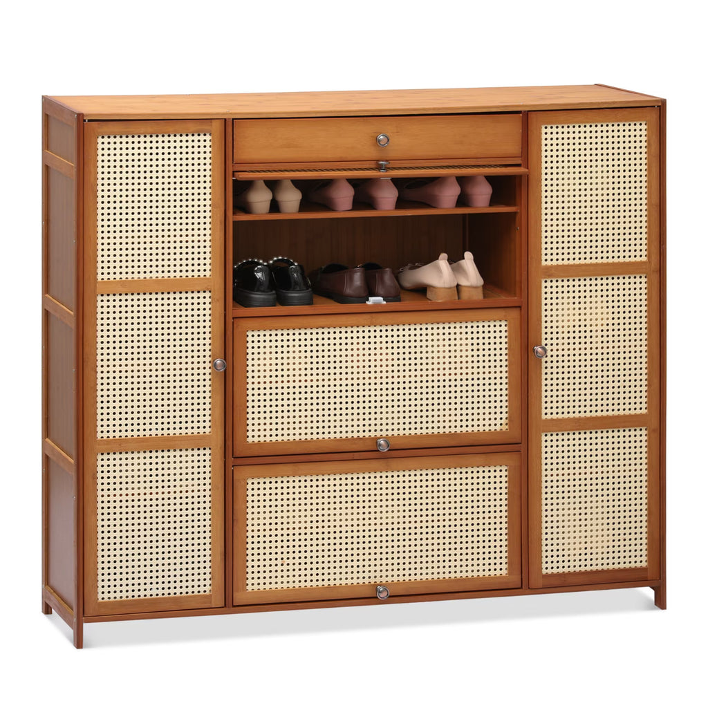 6-Tiers Rattan Shoe Storage Cabinet with Drawer, 32 Pairs, 8 Boots Compartments, Brown Q658177