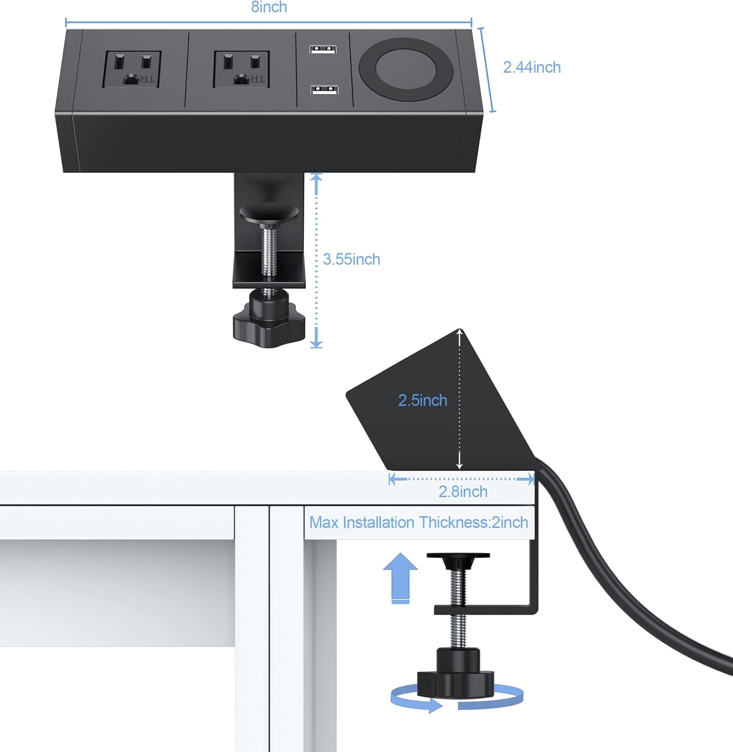 Desk Clamp Power Strip with Wireless Charger, 6ft Cable K834