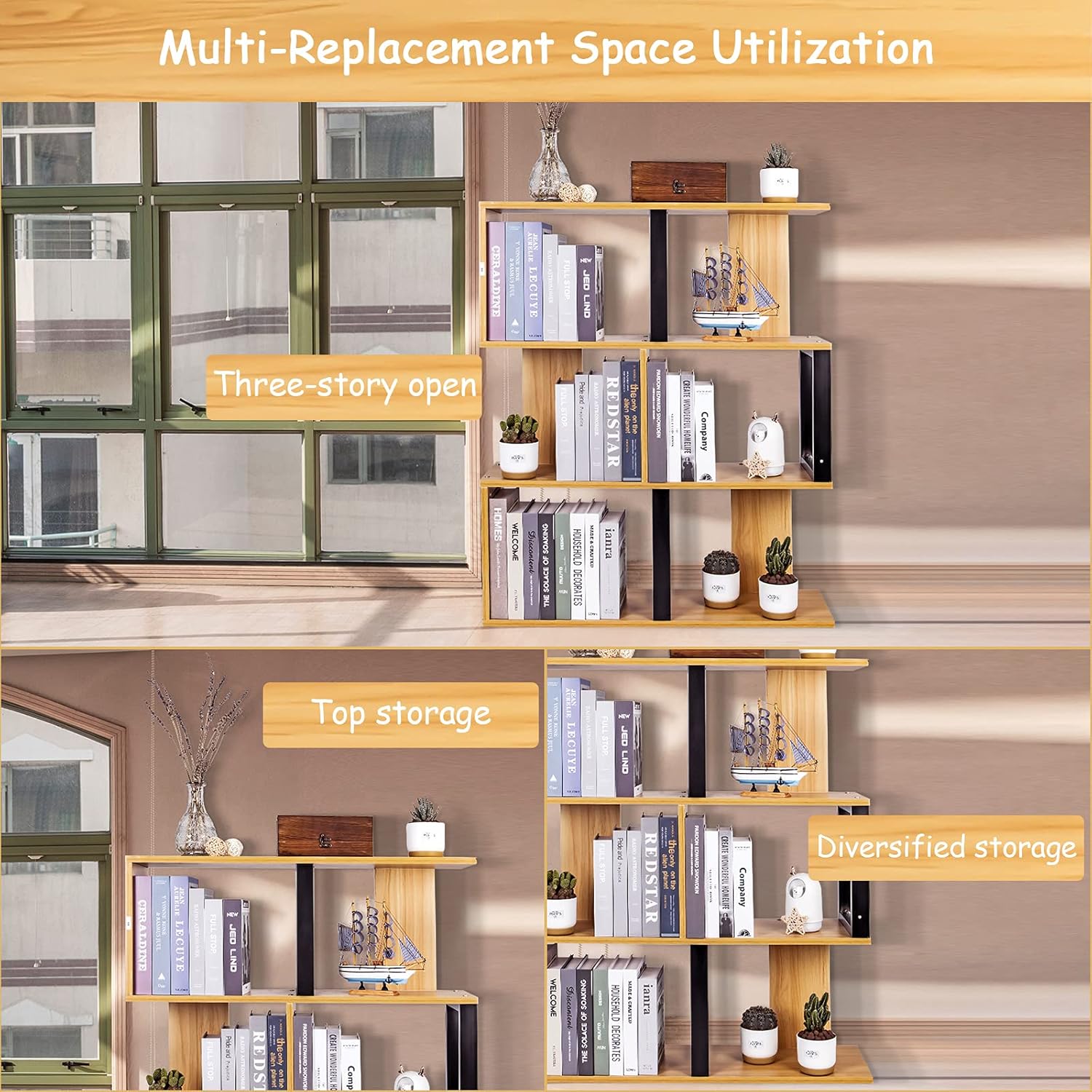 3-Tier Ladder Bookshelf with Storage Organizer, Walnut E880