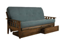 Rustic Walnut Full Futon with Linen Aqua Mattress and Storage Drawers J1942