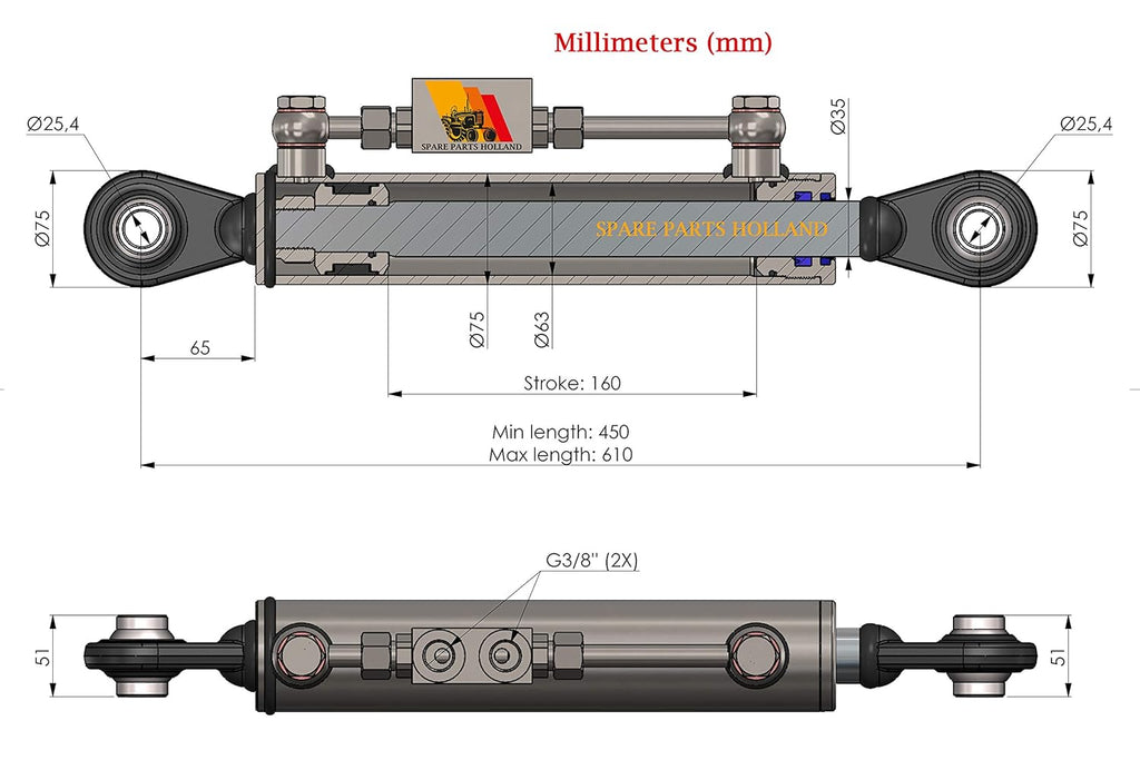 Hydraulic Top Link Cat. 2-2 with Locking Block 7 3/4” - 24” with 2 x Hoses W51925