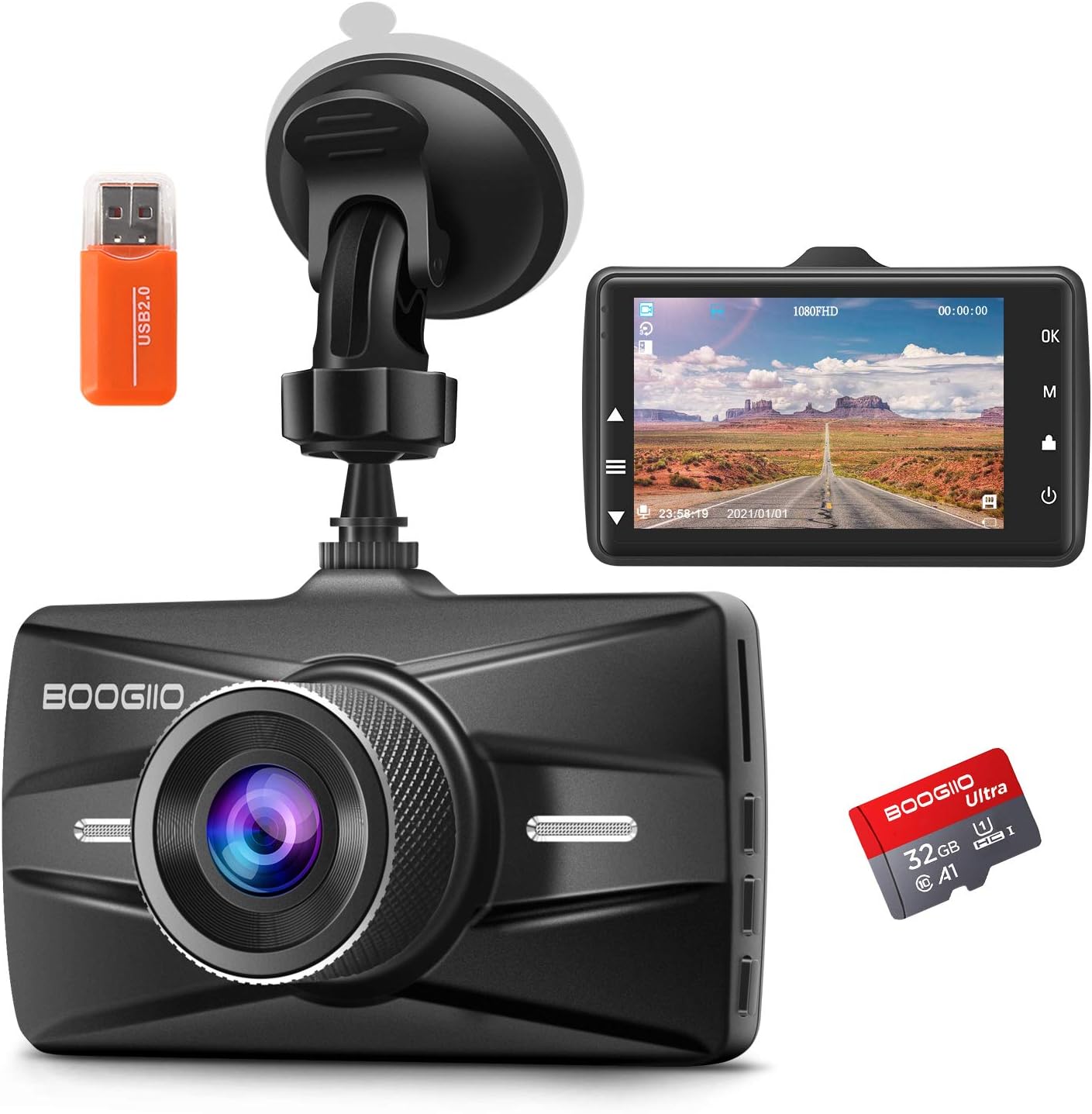Dash Cam with 32G SD Card, 1080P FHD Car Driving Recorder 3'' IPS Screen 170° Wide Angle Dashboard Camera Aluminum Alloy Case, Parking Monitor Loop Recording Motion Detection Pack of 2 W231