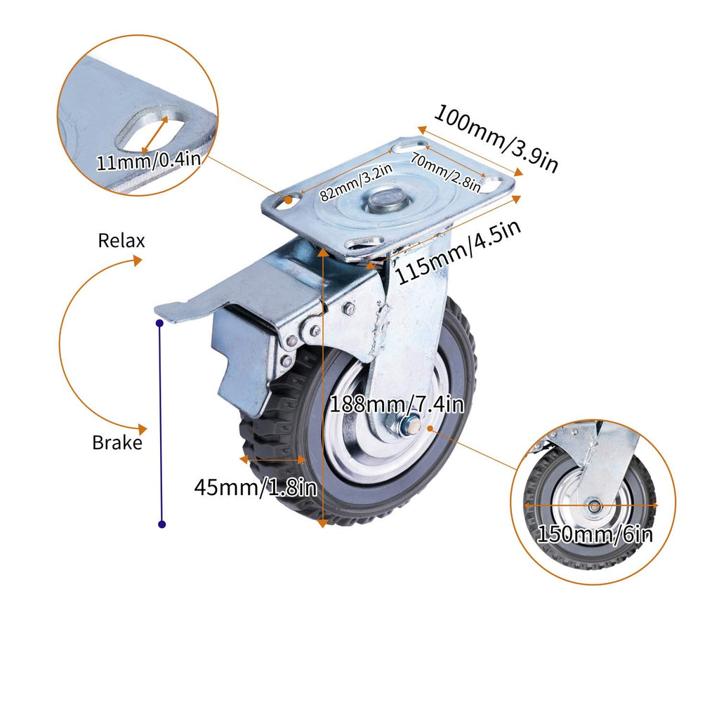 6 inch Heavy Duty Rubber Swivel Caster Wheels 4 Pack with Top Plate B5765