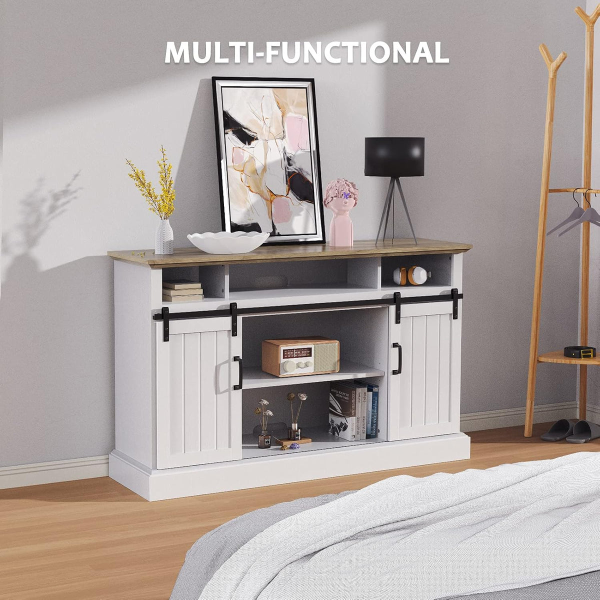 White Sliding Barn Door TV Stand with Adjustable Shelves P4824