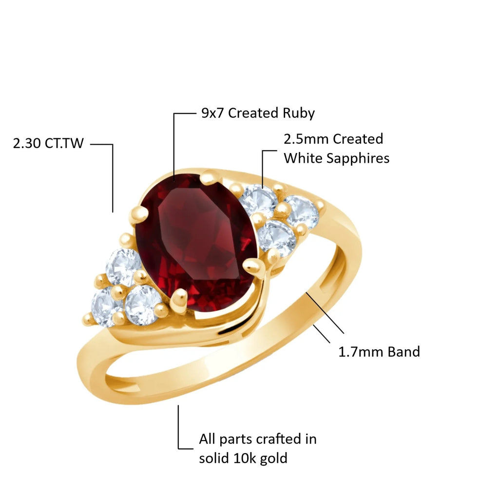 Red Ruby Oval Halo Ring in 10k Yellow Gold with Created White Sapphire U420544