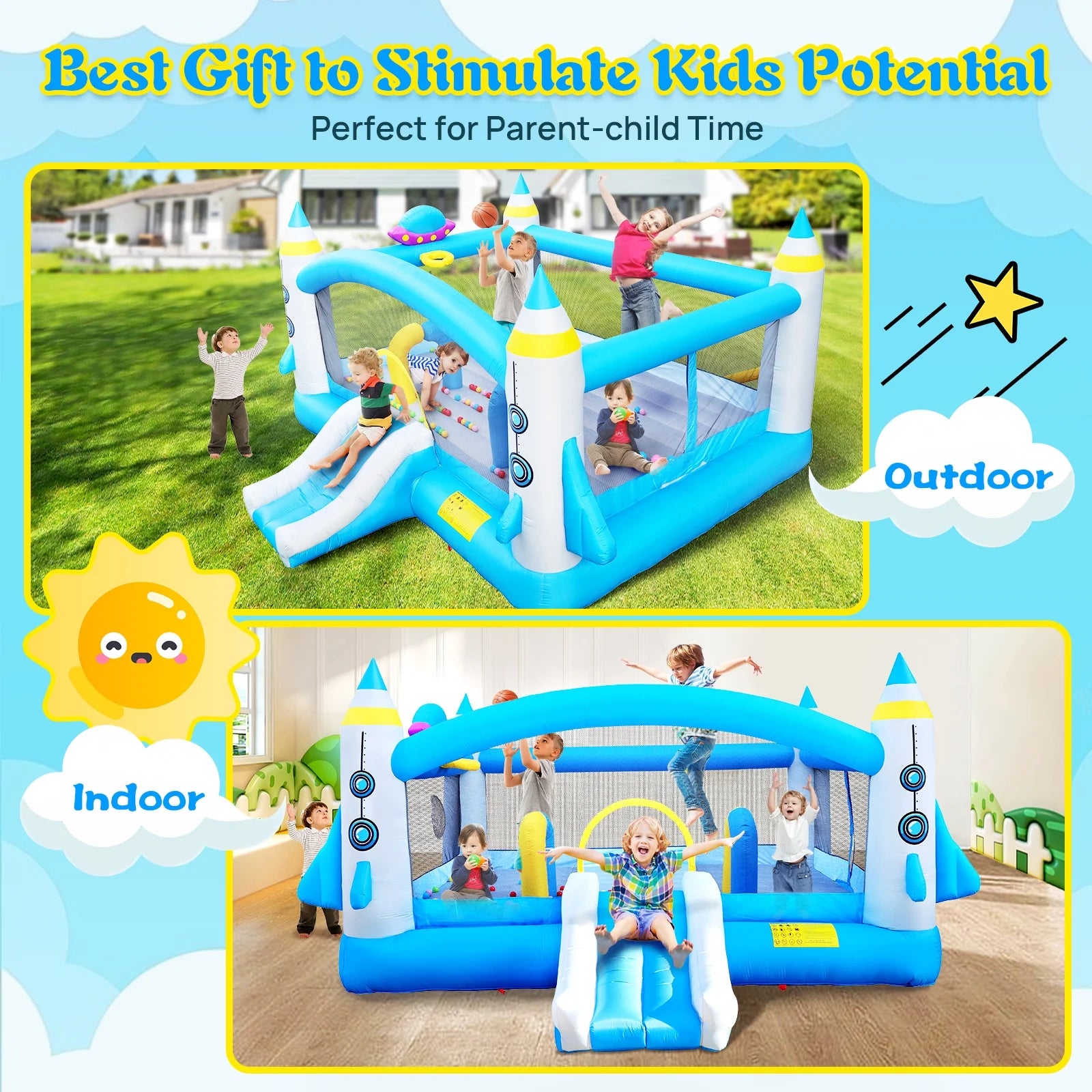 Inflatable Bouncer with Blower, 198" x 180" Play Area, 96" Tall C48435