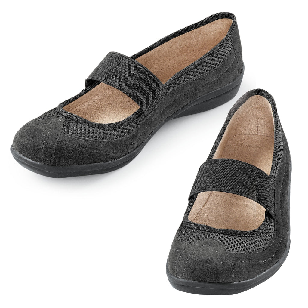 Black Slip-On Mary Jane Shoes with Stretchable Strap and Rubber Sole H9504