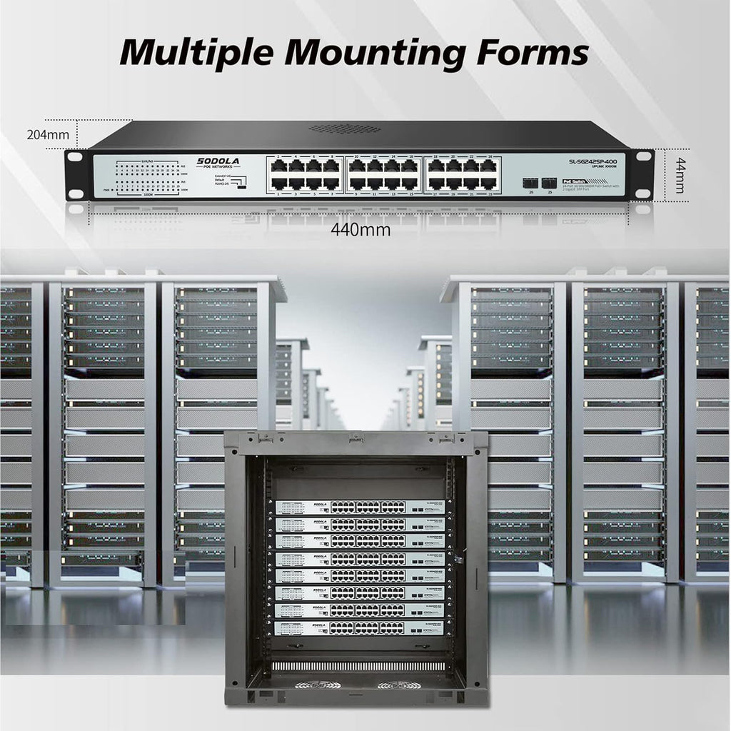 24 Port Gigabit PoE Switch with 2 Gigabit SFP Uplink, Fanless Rackmount, 400W Unmanaged Network Switch K392031