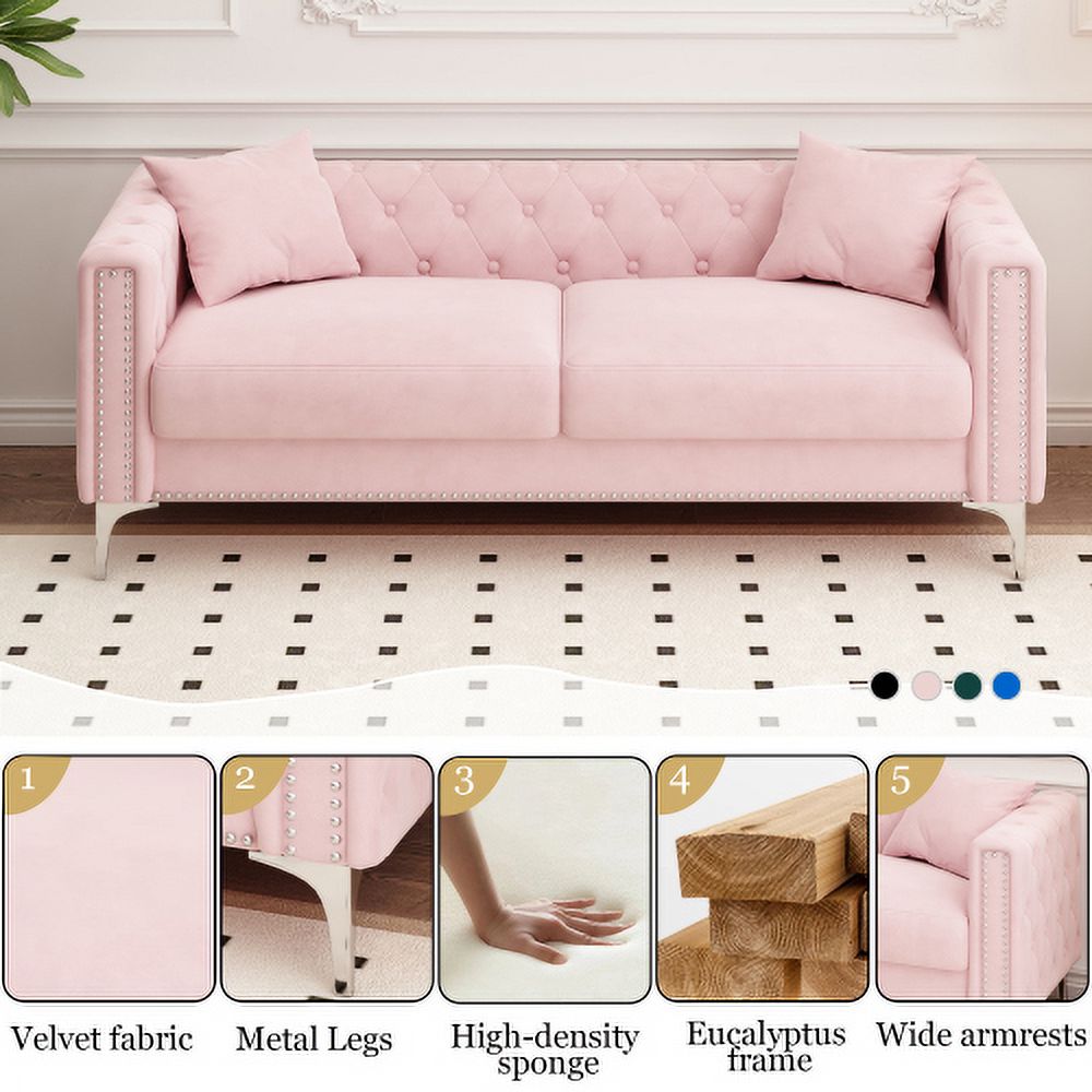 Pink Velvet Triple Sofa with 2 Pillows K491490