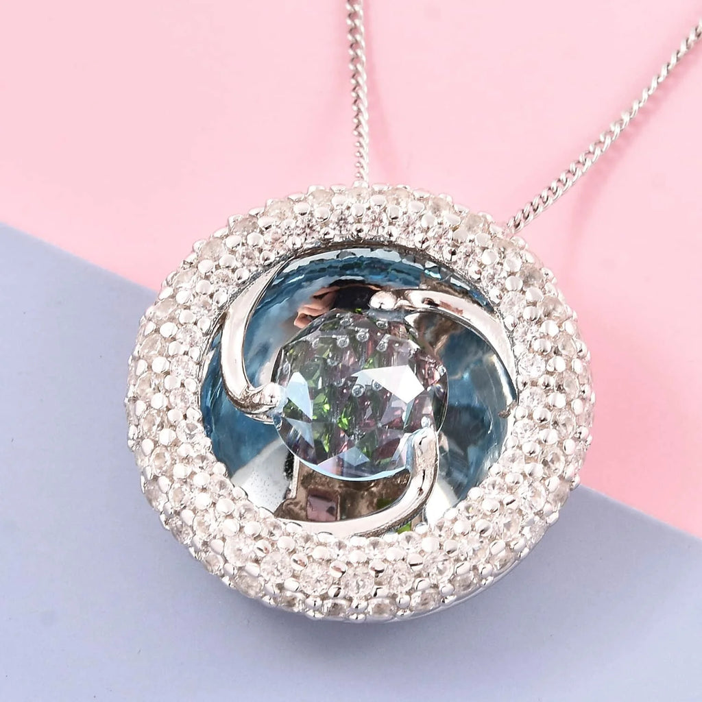 Blue Topaz Red Garnet 925 Sterling Silver Rhodium Plated Pendant Necklace W80139