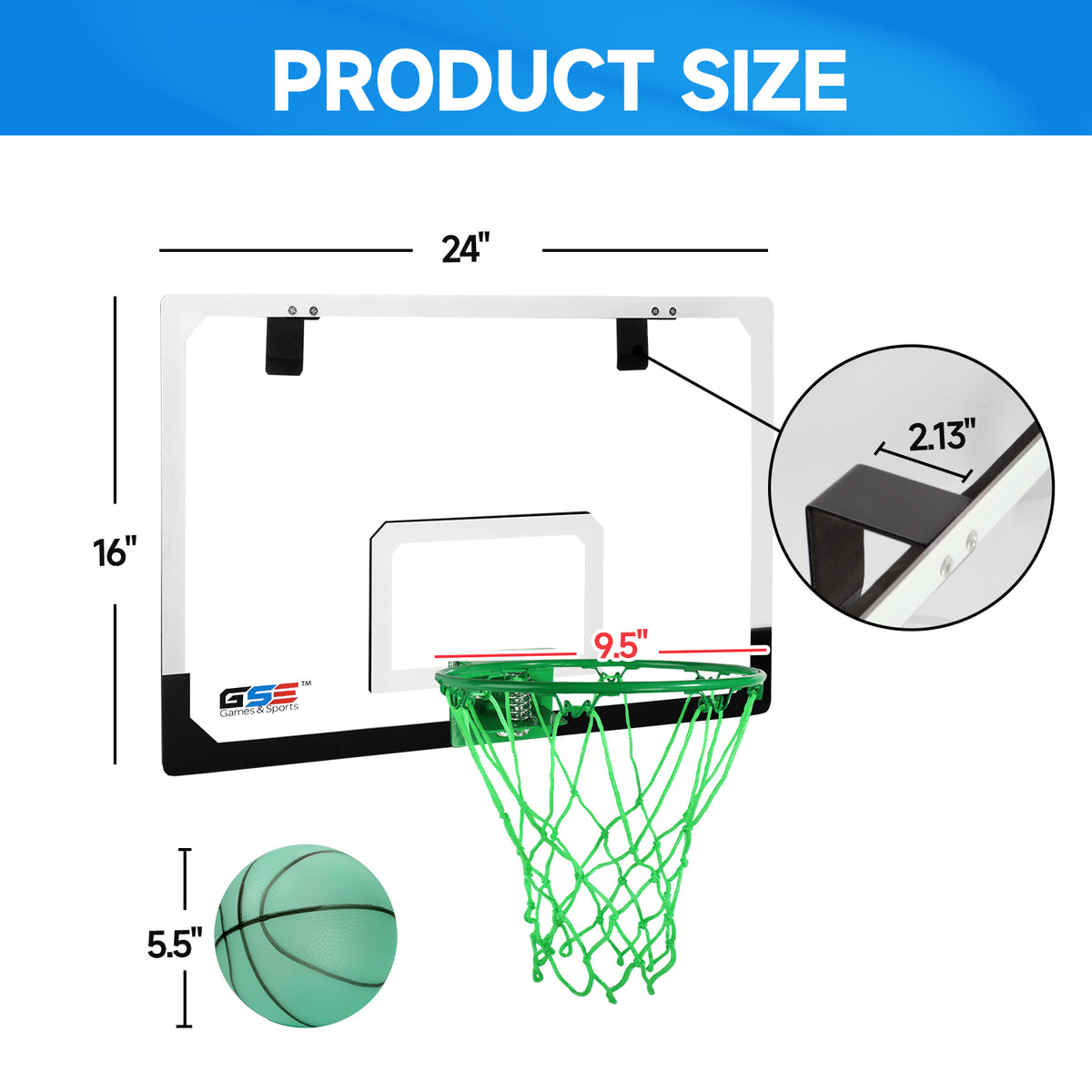Over-The-Door Pro Basketball Hoop Set with Basketball & Pump, Wall-Mounted Basketball Hoop Set, Indoor Basketball Game, Large - Glow in the Dark C4970